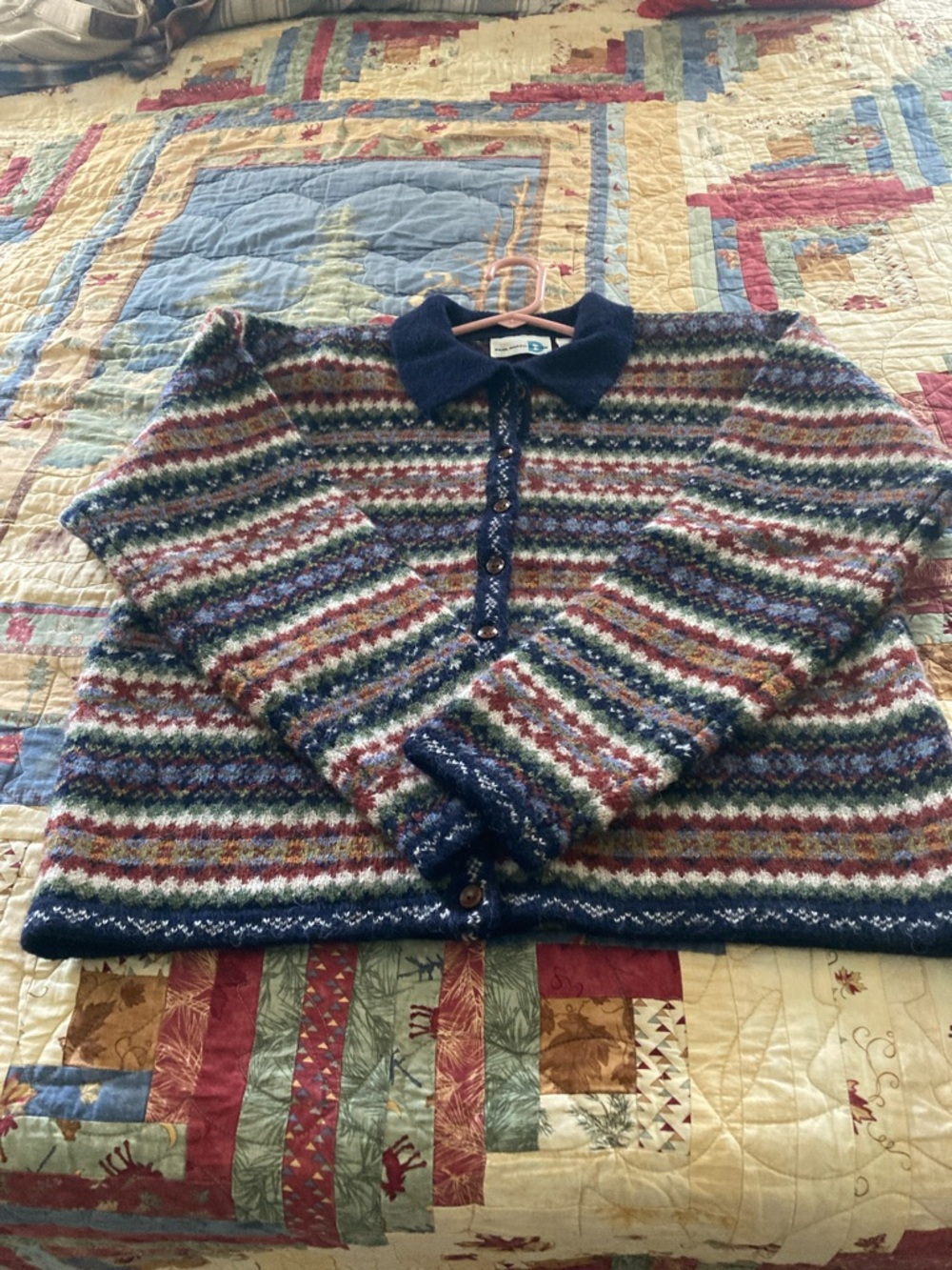 Paul Harris Design women’s L 100% Shetland Wool fair isle cardigan sweater - Picture 5 of 8